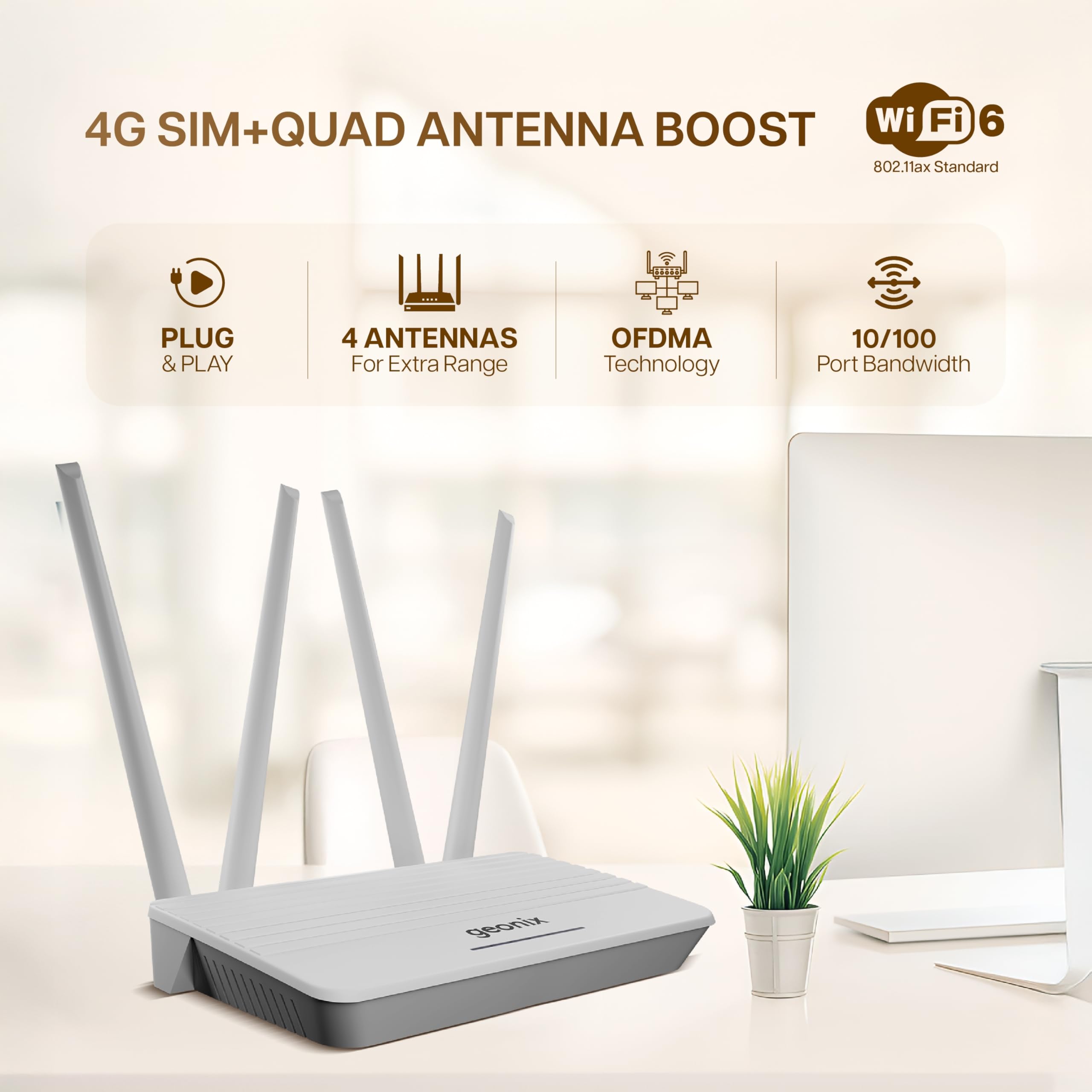 Geonix Roteador sem fio 4G Mobile Sim com 4 antenas, Plug and Play